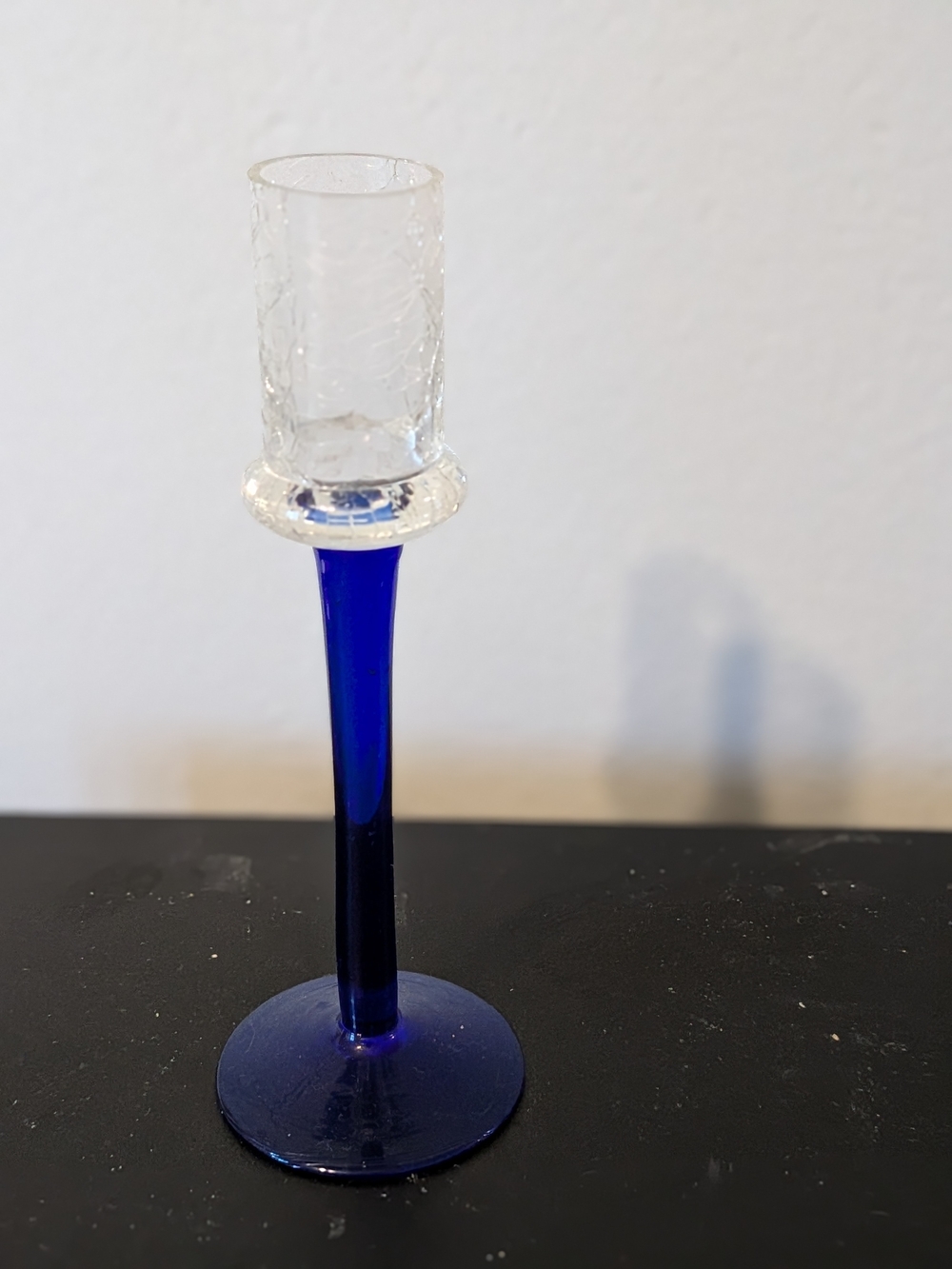 Vintage Han Blown Glass Cobalt Blue Stem, Crackle Glass Top Candle Holder